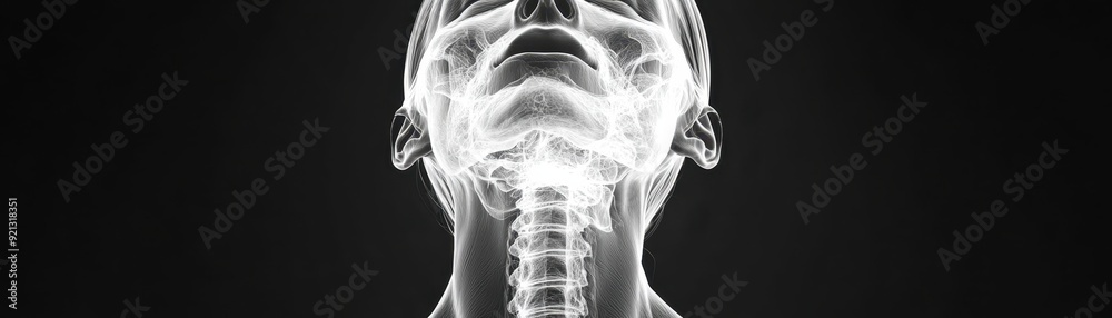 X-ray image showing neck and facial bones, highlighting detailed skeletal structures. Medical, healthcare, anatomy visualization concepts. X-ray image showing neck and facial bones, highlighting detailed skeletal structures. Medical, healthcare, anatomy visualization concepts.