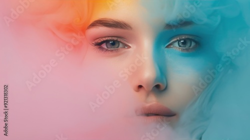 Young Woman With Colorful Makeup and Smoke Effect Against Vibrant Background