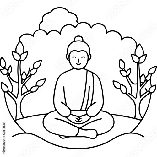 Buddha Meditation Outline Vector Illustration Mindfulness Serenity Nature Trees Monochrome Art
