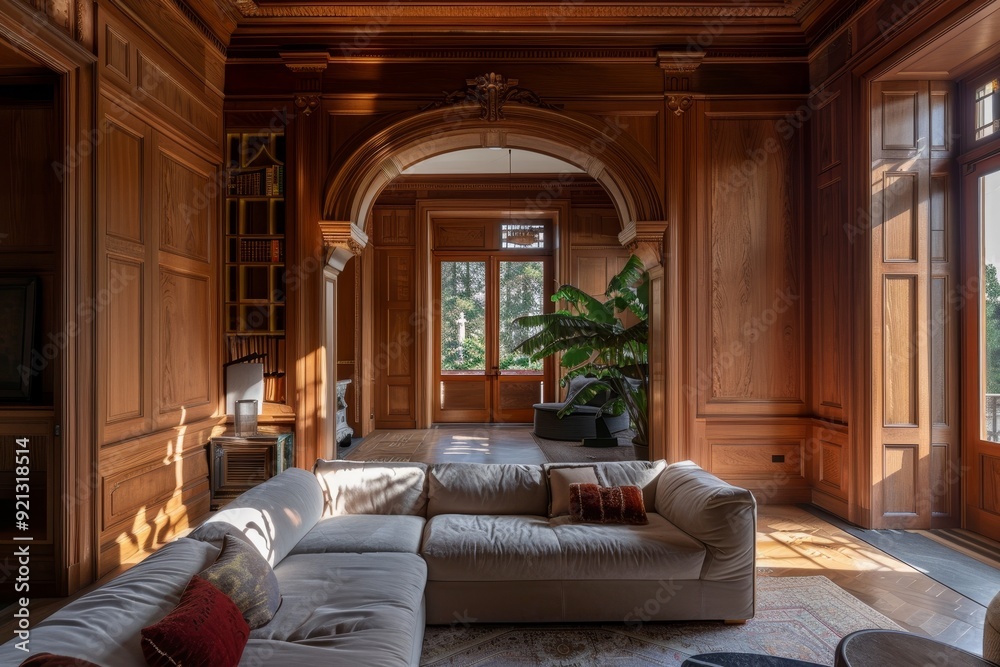 Fototapeta premium A room with intricate wood paneling and a comfortable couch, Intricate architectural details throughout the space