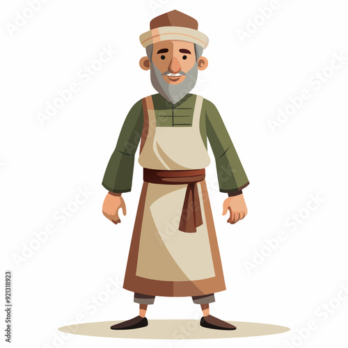 A middle-aged man in a robe and apron with a cap on his head art vector illustration