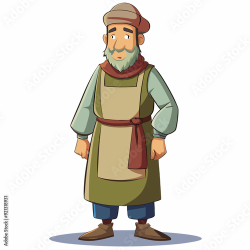 A middle-aged man in a robe and apron with a cap on his head art vector illustration
