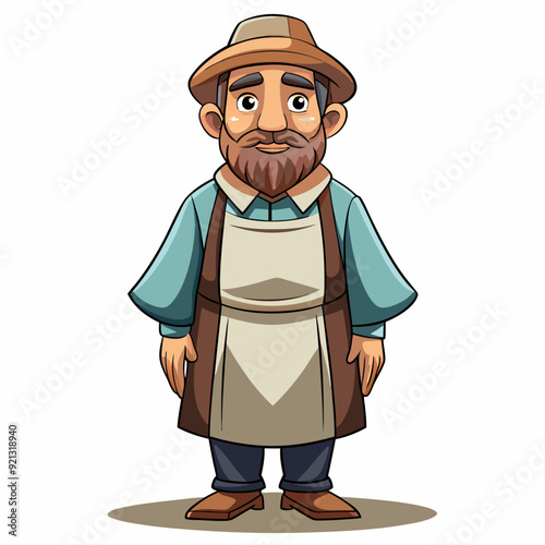 A middle-aged man in a robe and apron with a cap on his head art vector illustration