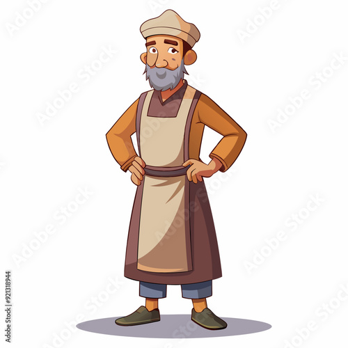 A middle-aged man in a robe and apron with a cap on his head art vector illustration