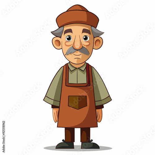 A middle-aged man in a robe and apron with a cap on his head art vector illustration