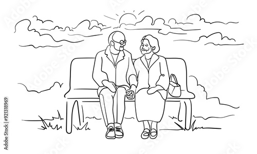 Happy grandparents holding hands on a bench continuous line art drawing isolated on white background. Old people in love. Vector illustration