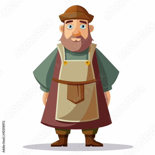 A middle-aged man in a robe and apron with a cap on his head art vector illustration