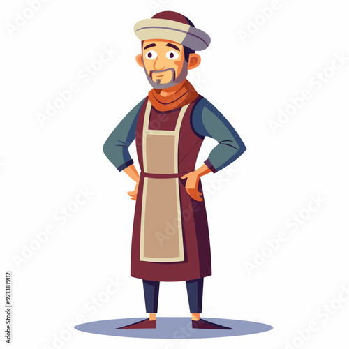 A middle-aged man in a robe and apron with a cap on his head art vector illustration
