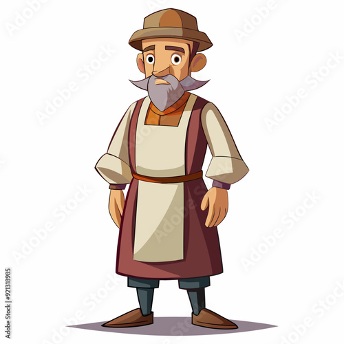 A middle-aged man in a robe and apron with a cap on his head art vector illustration