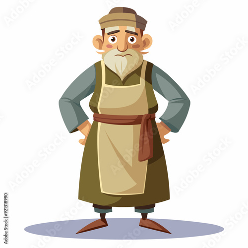 A middle-aged man in a robe and apron with a cap on his head art vector illustration