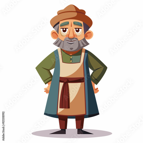 A middle-aged man in a robe and apron with a cap on his head art vector illustration