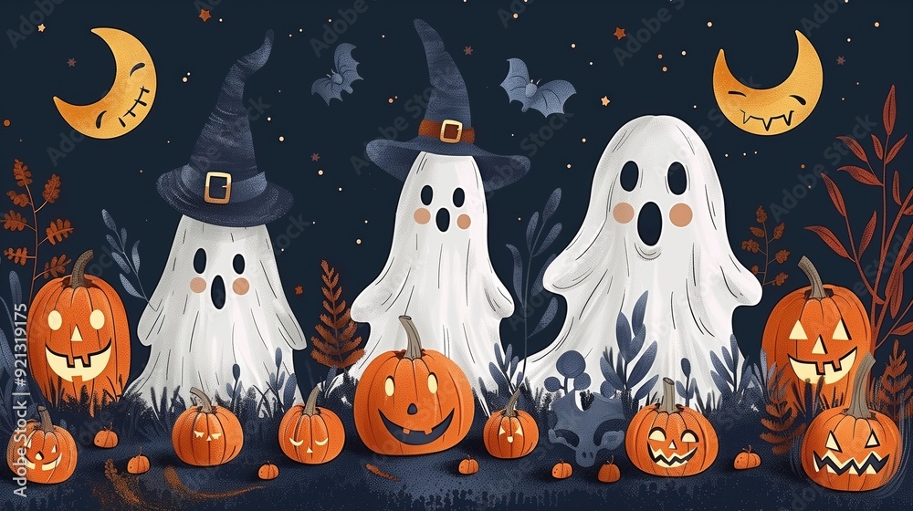 Obraz premium Cute ghost halloween illustration background
