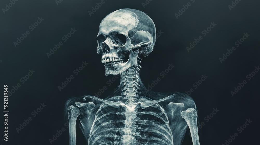 Detailed X-ray image of a human skeleton against a dark background, showcasing bones, skull, and spine for medical and educational purposes. Detailed X-ray image of a human skeleton against a dark background, showcasing bones, skull, and spine for medical and educational purposes.