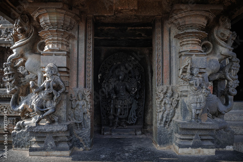 Tiny and intricate carvings, sculptures of the temples of the Hoysala Empire. Belur. India.