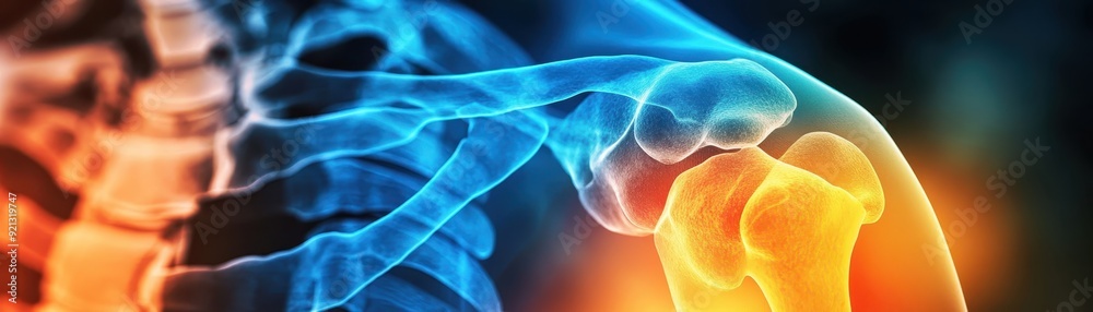 Illustration of human shoulder joint with bones and tendons highlighted, depicting anatomy and medical health concept. Illustration of human shoulder joint with bones and tendons highlighted, depicting anatomy and medical health concept.