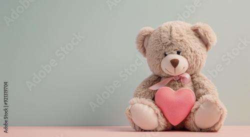 Cute Teddy Bear Holding Pink Heart on Pastel Background
