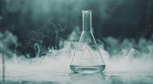 Laboratory Flask Surrounded by Mist on a Dark Surface