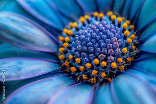 Detailed view of a blue flower showcasing its vibrant yellow centers, Intricate details of a blue flower's center captured in close-up