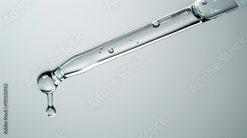 Clear glass pipette with a drop of cosmetic product falling down