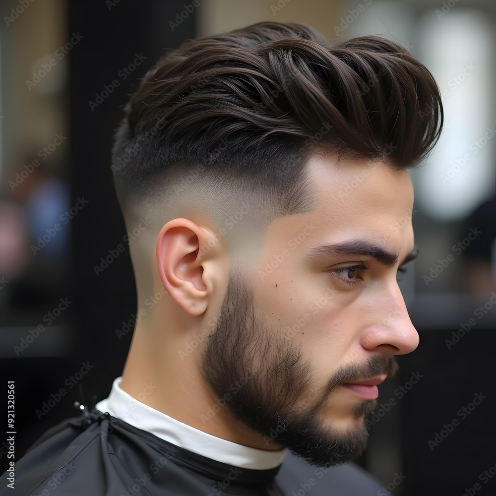 Fototapeta premium Hombre en una peluquería con el pelo recién cortado con los lados rapados y peinado hacia atrás 