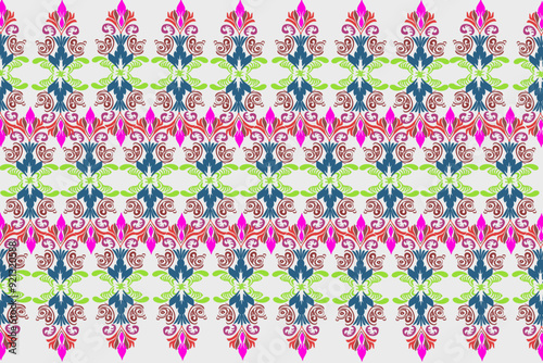 Seamless texture fabric pattern. European native damask pattern. White, pink and green floral pattern. Dark green background. Illustration, vector, wallpaper.