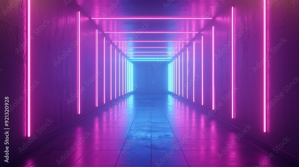 A fascinating corridor with vibrant neon lighting showcases a modern, imaginative design A fascinating corridor with vibrant neon lighting showcases a modern, imaginative design