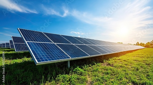 Solar panel produces green, environmentally friendly energy from the setting sun. AI generated image