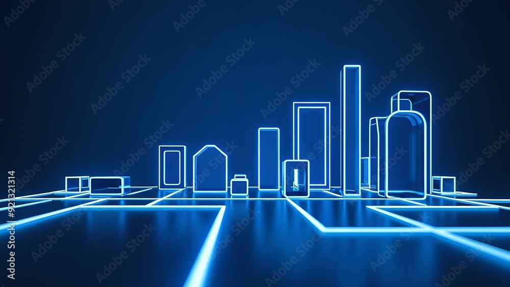 Fototapeta premium 3d render, abstract blue neon background. Assorted geometric linear shapes glowing in the dark. Minimalist wallpaper