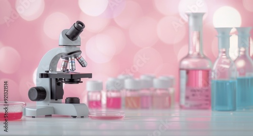 Laboratory Microscope With Colorful Glassware on Pink Background