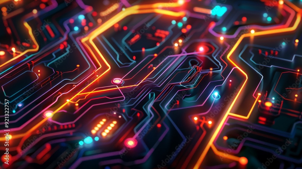 abstract illustration of colorful neon circuit with glowing orange lamp on black surface abstract illustration of colorful neon circuit with glowing orange lamp on black surface