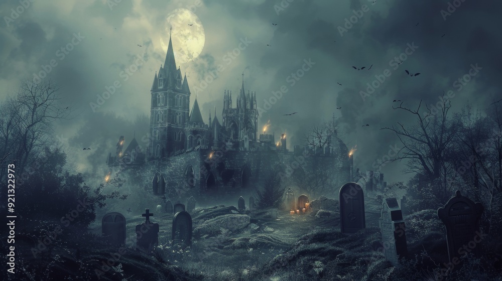 Fototapeta premium Spooky scene of a haunted castle atop a hill under a full moon, surrounded by eerie graveyard and twisted trees