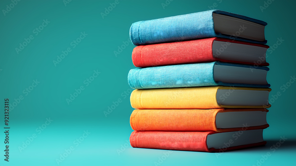 A vibrant stack of cloth-bound books in various colors against a teal background, symbolizing knowledge, creativity, and learning. A vibrant stack of cloth-bound books in various colors against a teal background, symbolizing knowledge, creativity, and learning.