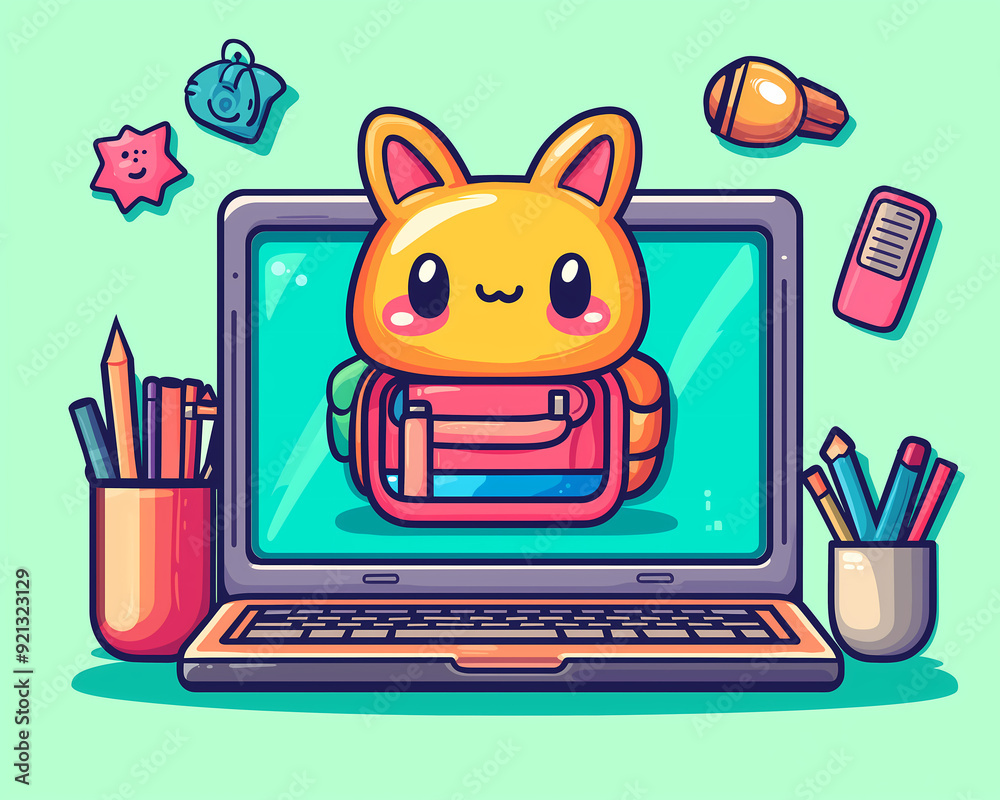 A playful, kawaii-style illustration of a cute cat emerging from a laptop, surrounded by vibrant school supplies, capturing the fun side of studying. A playful, kawaii-style illustration of a cute cat emerging from a laptop, surrounded by vibrant school supplies, capturing the fun side of studying.