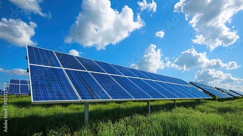 Solar panel produces green, environmentally friendly energy from the setting sun. AI generated image