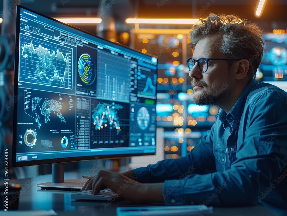 Modern Engineer at Work: Analyzing Data on Large Monitor in Office Setting Modern Engineer at Work: Analyzing Data on Large Monitor in Office Setting