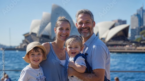 A family of four posing in front of the Sydney opera house. The mother and father are smiling and hugging their two children.