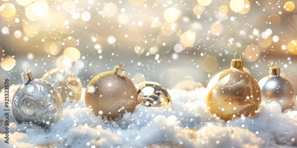 Beautiful Gold and Silver Christmas Background. Seasonal Baubles with Snow and Bokeh Beautiful Gold and Silver Christmas Background. Seasonal Baubles with Snow and Bokeh