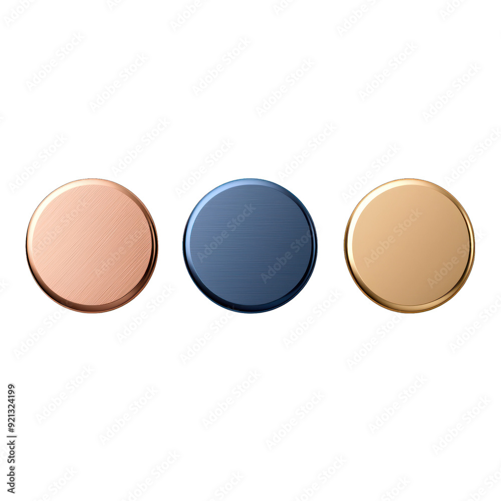 A set of three metallic buttons in different colors: rose gold, blue, and gold, perfect for design projects and digital interfaces. transparent background A set of three metallic buttons in different colors: rose gold, blue, and gold, perfect for design projects and digital interfaces. transparent background