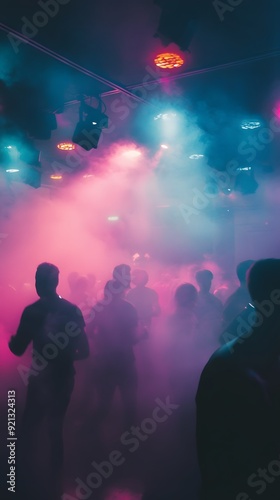 Photograph of people dancing in a dark club, laser lights shining on the crowd, smoke and fog, purple and blue lights, in the style of unsplash photography
