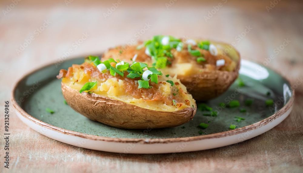 Baked potato topped with scallion in ceramic plate. Tasty food. Delicious meal for dinner. Baked potato topped with scallion in ceramic plate. Tasty food. Delicious meal for dinner.