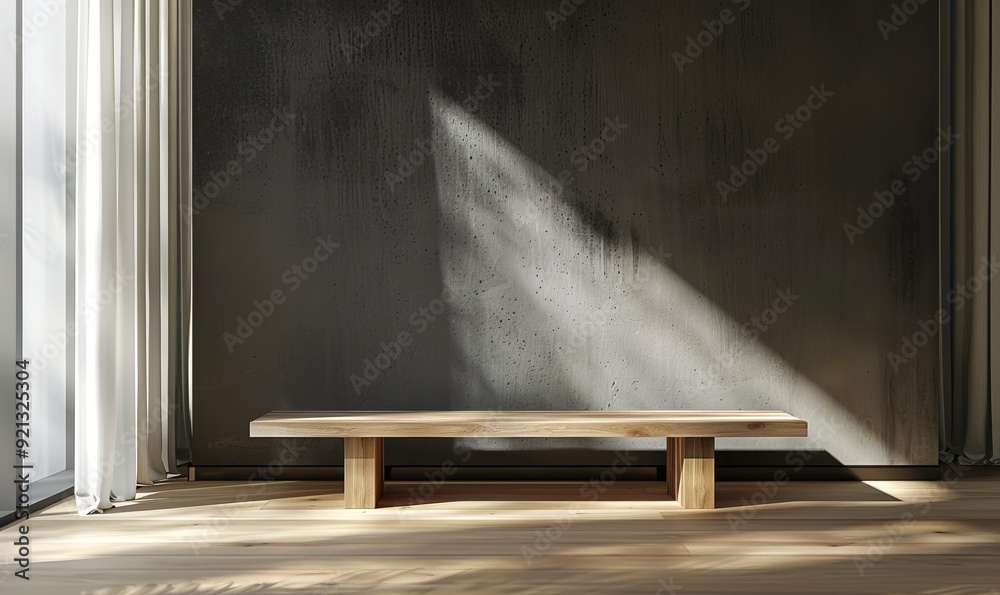 Wooden bench near mock up grey blank wall. Interior background with coffee table near curtain. Minimalist interior design of modern living room Wooden bench near mock up grey blank wall. Interior background with coffee table near curtain. Minimalist interior design of modern living room