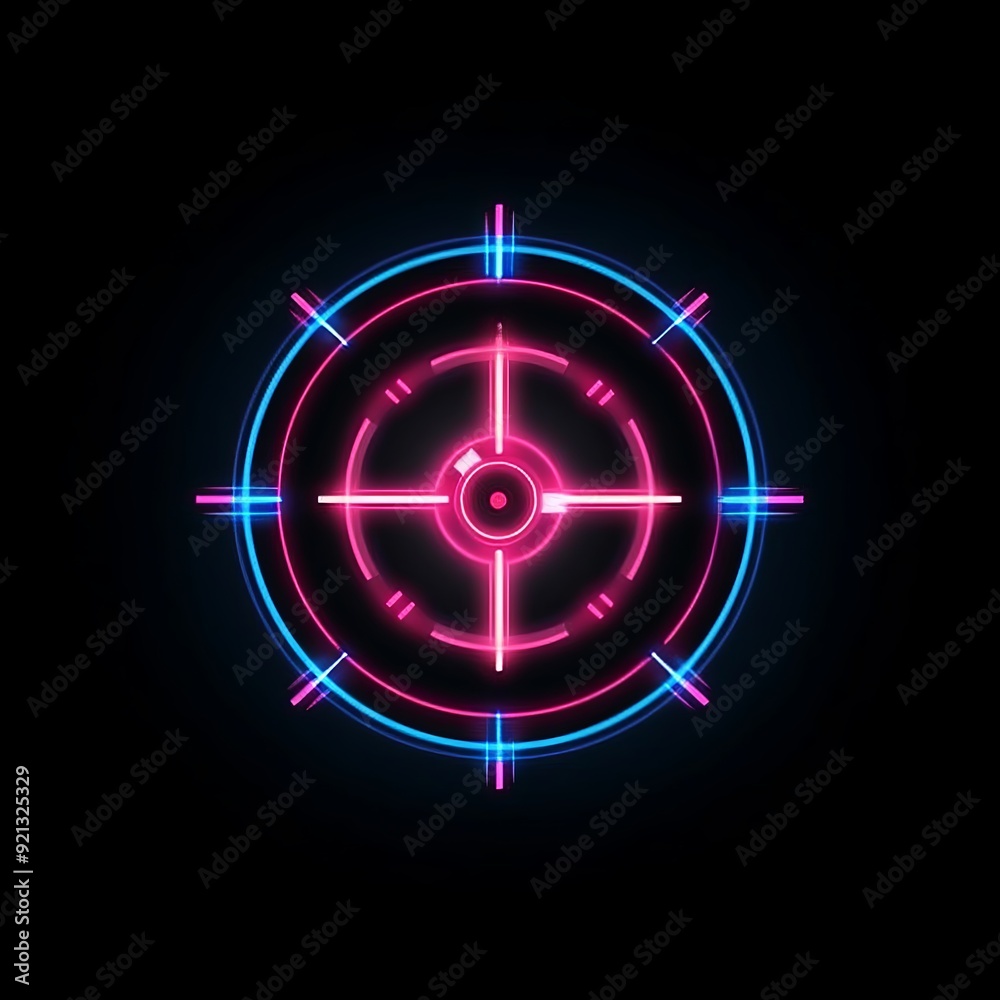 Neon target symbol with vibrant blue and pink illumination Neon target symbol with vibrant blue and pink illumination