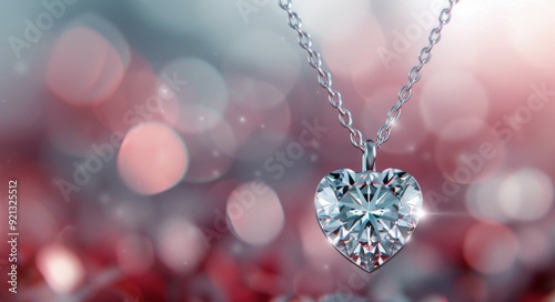 Heart-Shaped Diamond Pendant Hanging Against a Blurred Red Background