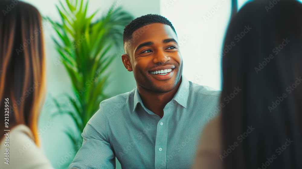 Professional man smiling warmly during a business meeting with colleagues, creating a positive and engaging atmosphere.
Professional man smiling warmly during a business meeting with colleagues, creating a positive and engaging atmosphere.
