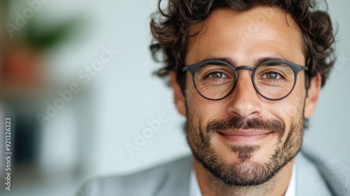 A close-up portrait of a man with curly hair and glasses, smiling genuinely while wearing a striped grey blazer against a blurred background, epitomizing warmth and approachability.