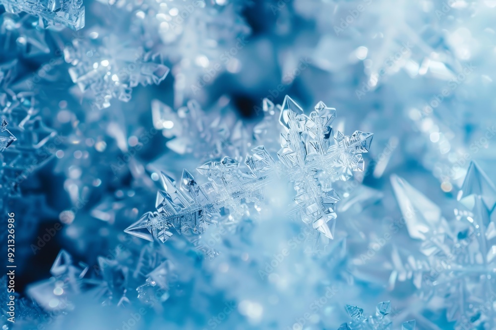 Detailed view of snowflakes on a blue backdrop, Intricate patterns of frosty blue crystals scattered throughout Detailed view of snowflakes on a blue backdrop, Intricate patterns of frosty blue crystals scattered throughout