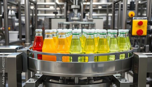 Conveyor with bottles for juice or water. Beverages factory equipments isolated with white highlights, png photo