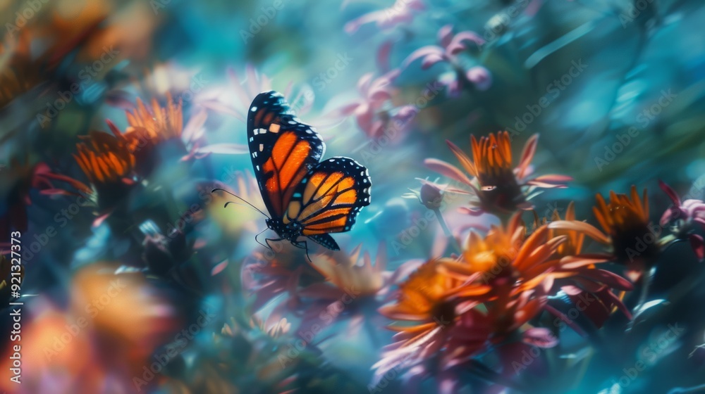 Surreal fine art photo of butterfly amid blurred flowers Surreal fine art photo of butterfly amid blurred flowers