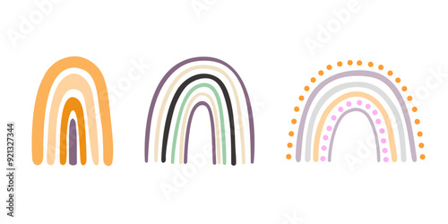 Boho rainbows set abstract shapes, simple hand drawn silhouette vector illustration in trendy pastel colors, minimalist concept perfect for making cards, banners, modern posters, textile, papercraft