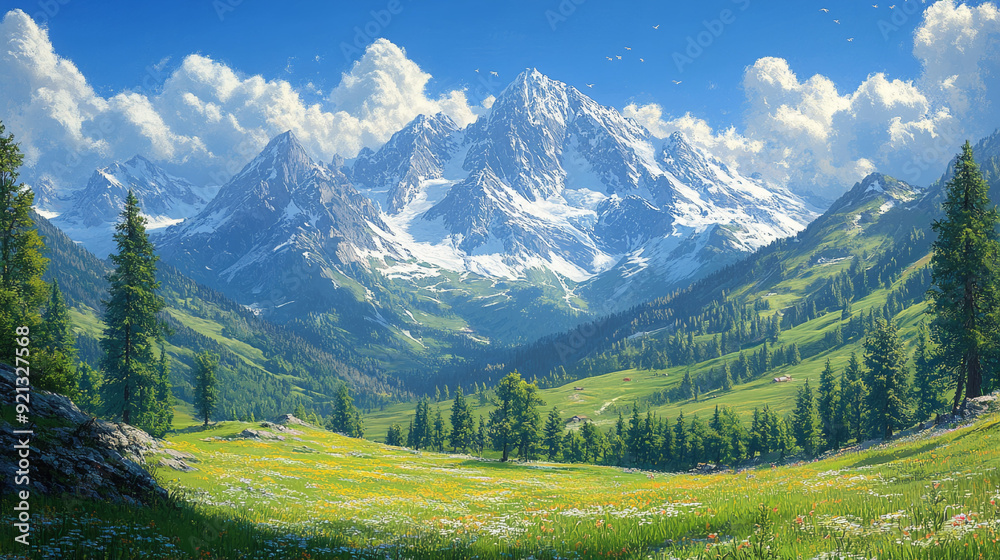 Fototapeta premium Vibrant mountain landscape with sunlight casting shadows on rocky terrain